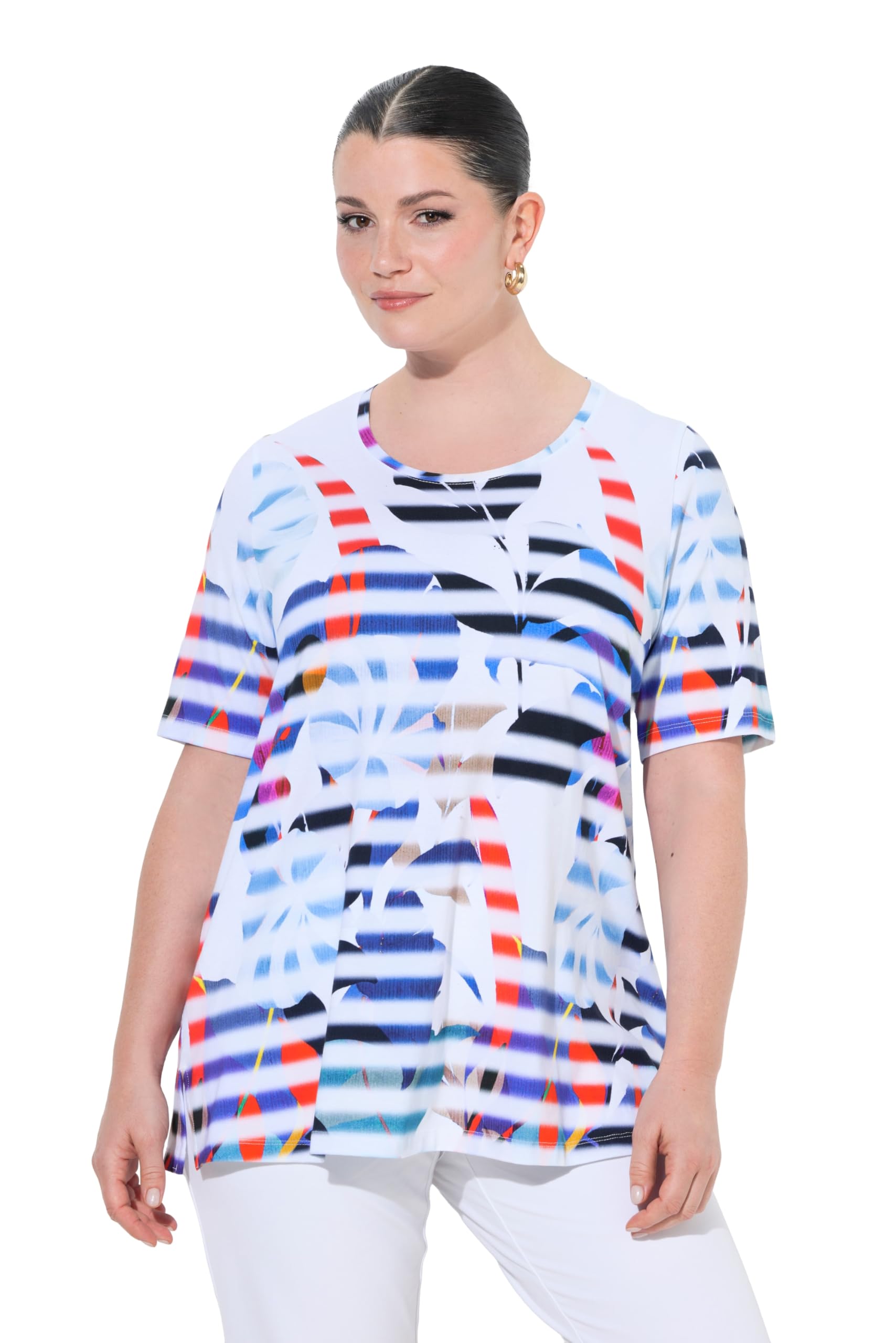 Ulla Popken Damen große Größen Übergrößen Plus Size T-Shirt, Streifen/Blüten, Rundhals, Halbarm, Pima Cotton 849724
