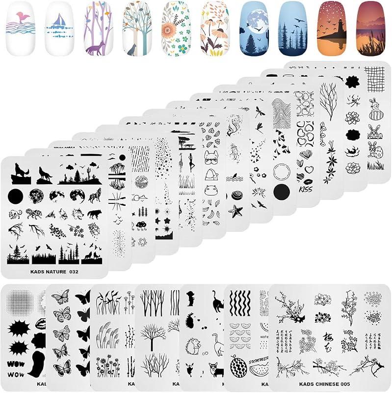 KADS Juego de 20 placas para sellos de uñas: hojas, flores, plantillas para decoración de uñas con animales (20 piezas)