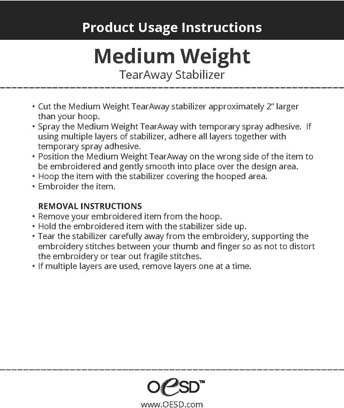 OESD Medium Weight Tear Away Black Embroidery Stabilizer 20" x 10 Yd Roll