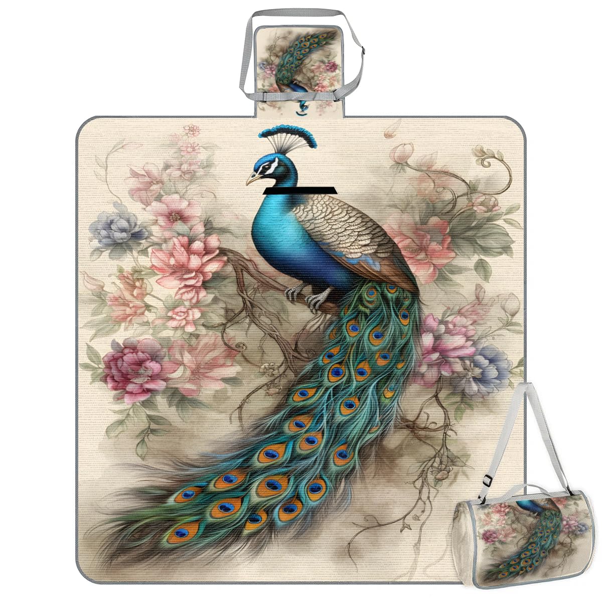 TropicalLifeFlower Animal Peacock Design Square Picnic Blanket Waterproof Foldable Indoor Outdoor Mat Rugs for Camping Beach Park Family Gathering Activities