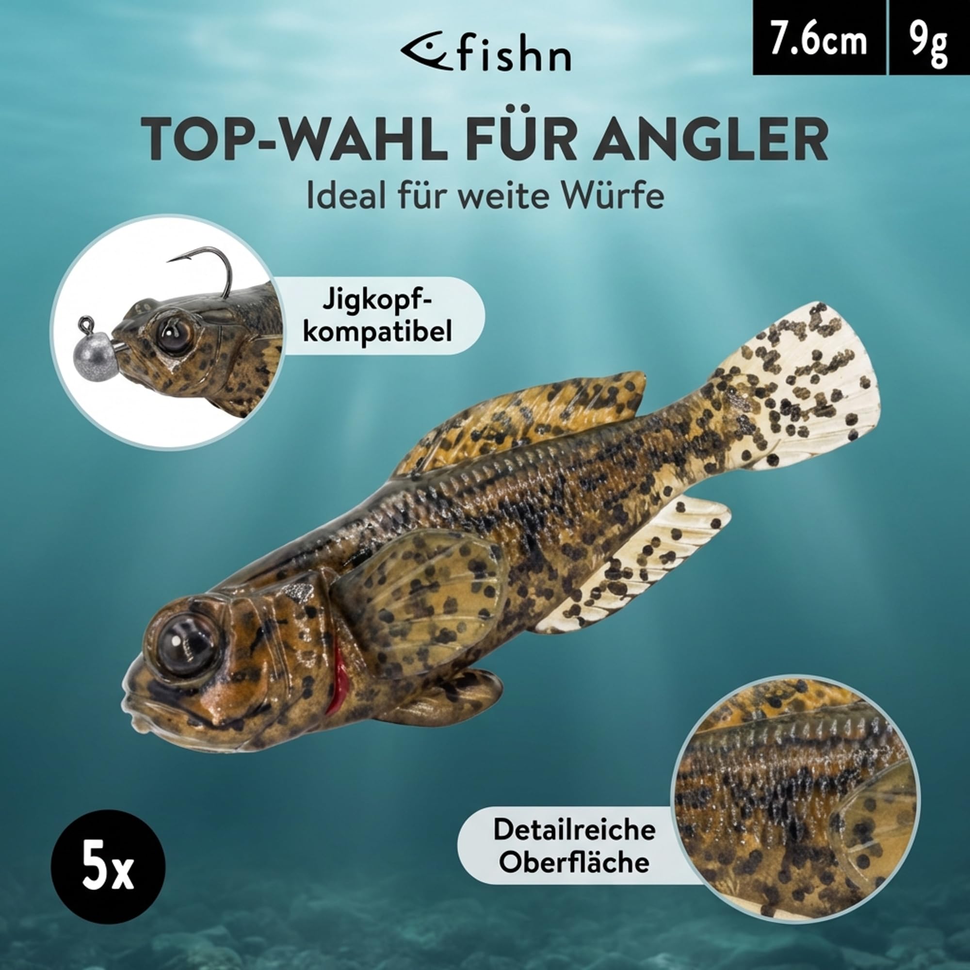 FISHN GOBYone zestaw 5 sztuk, 7,6 cm, 9 g, ultra realistyczne gumowe ryby do łowienia okoni i
