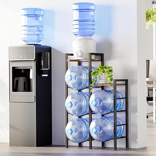Miniatura 7 de HOOBRO Soporte para jarra de agua de 5 galones, estante para jarra de agua de 3 niveles con estantes superiores de madera, estante de almacenamiento