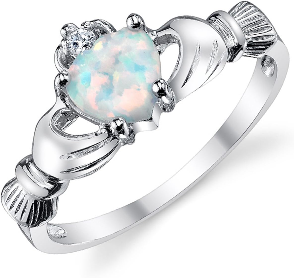 Metal Masters Sterling Silver 925 Irish Claddagh Friendship & Love Ring with Simulated Opal Heart