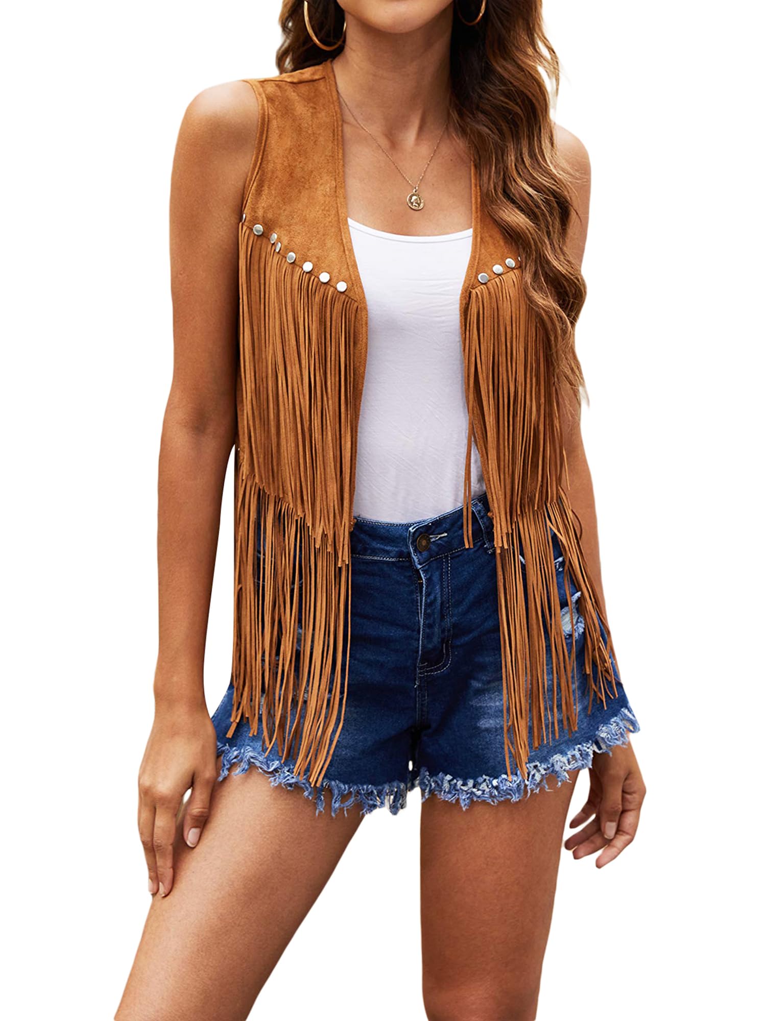 Gilet à franges pour femme - Costume hippie des années 70 - Veste western de cowgirl sans manches en daim synthétique avec pompons - Vêtement d'extérieur en cuir