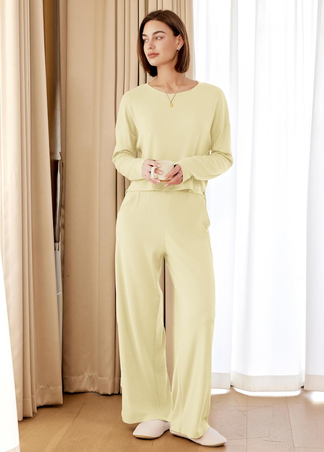 Panadila Womens Oversized Lounge Sets 2 Piece Matching Pajama Sets Long Sleeve Crop Top and Wide Leg Pants with Pockets - Image 3