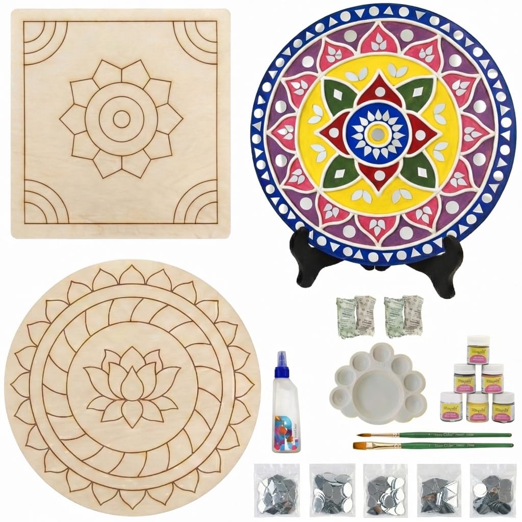 ImagiVibe DIY Lippan Art Kit for Kids & Adults | 3 Pre-Marked 8 Inch MDF Boards with Stand | Indian Folk Art Painting Kit with Clay, Mirrors & Acrylic Paint | Creative Wall & Desk Decor | Art & Craft Kit for Gifting Artists, Students, Children (8inch (Acrylic Colors))-image-41