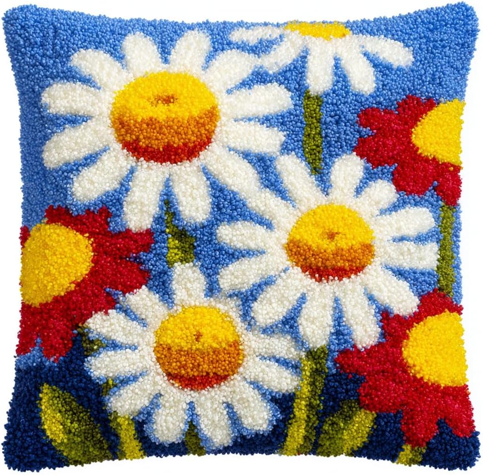 AMBATTERY Latch Hook Kits for Adults Beginners Colorful Flowers DIY Crochet Pillow Kit Pre-Printed Pillowcase Hook and Latch Rug Kits Needlework Cushion Cover 17x17 in