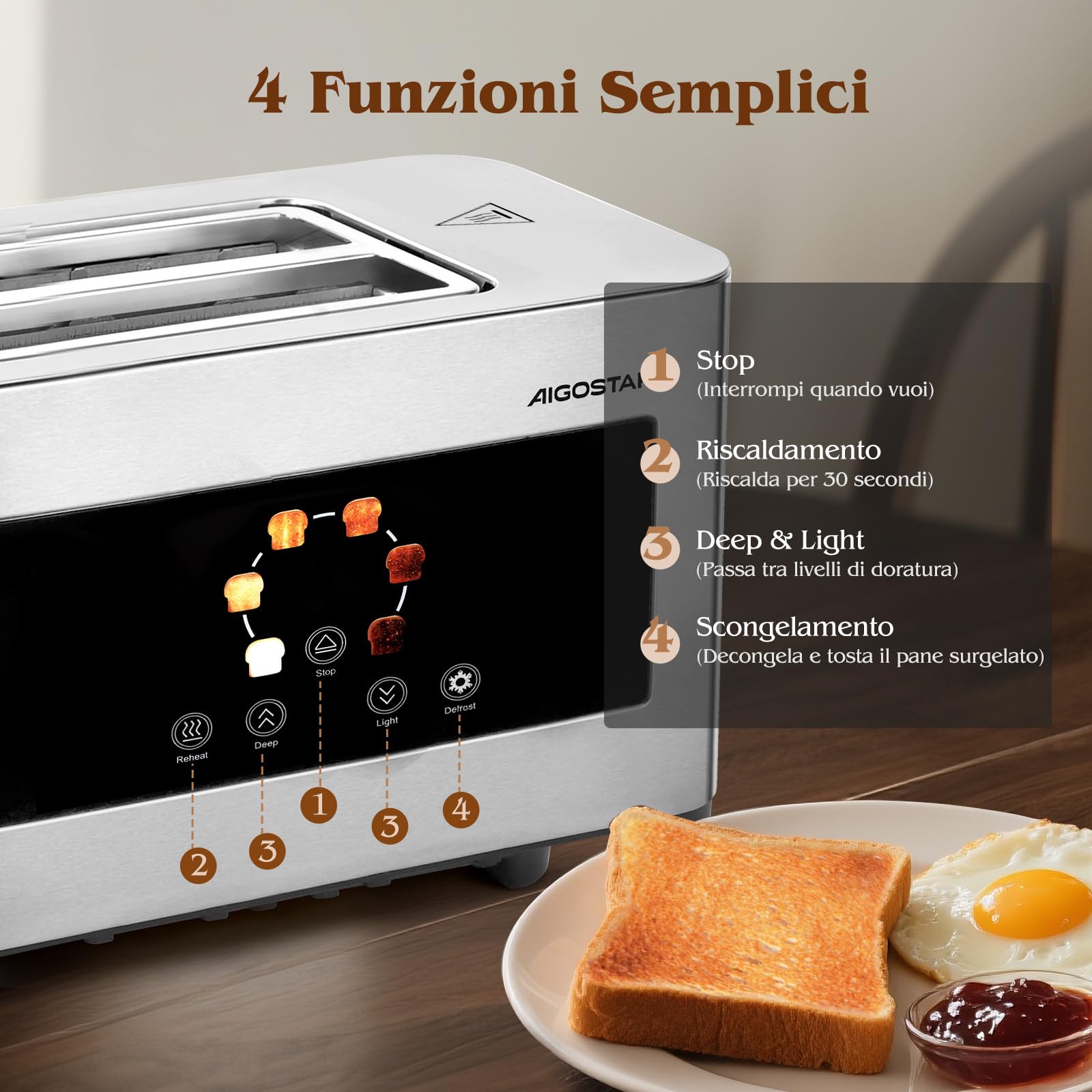 Aigostar Tostapane 4 Fette, LED Touchscreen, Fessure Extra Larghe da 4cm e Centratura Automatica, 6 Livelli di Tostatura, Funzioni Riscaldamento/Scongelamento/Stop, 1400W, Acciaio Inox Spazzolato