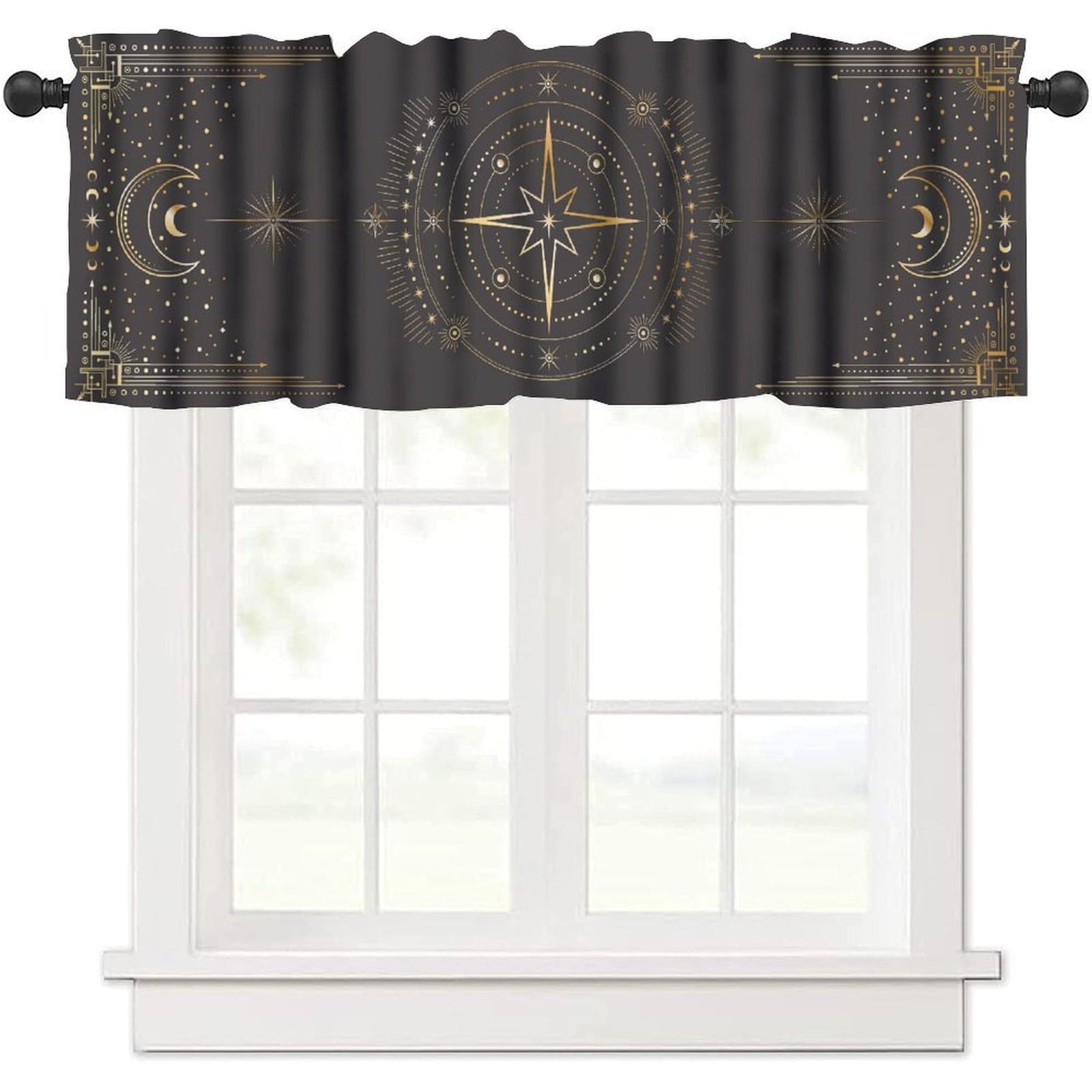 moderw Vintage Tarot Moon Valance Curtains Boho Mystical Crescent Moon Phases Star Galaxy Space Window Treatment Valance for Cabin Farmhouse Dining Room Kitchen Canteens Café Décor 54x18inch