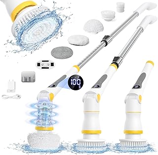 Electric Spin Scrubber, Cordless Cleaning Brush with LED Display, 4 Adjustable Angles, 3 Speeds, 2H Runtime, Adjustable Handle, 5 Brush Heads for Bathroom Tub Kitchen Tile Floor Car