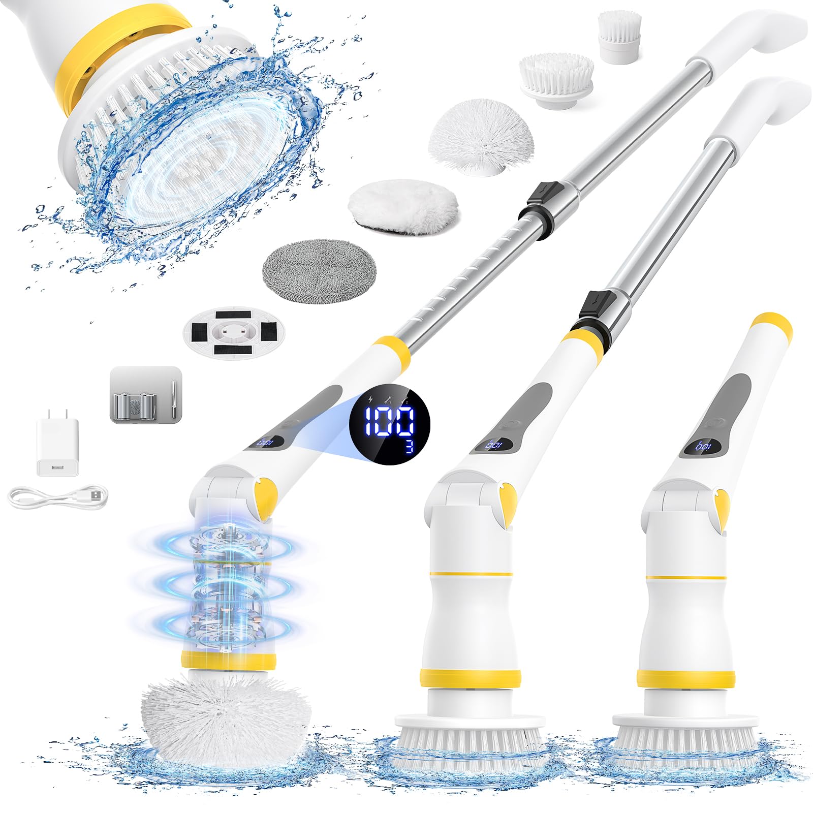 Electric Spin Scrubber, Cordless Cleaning Brush with LED Display, 4 Adjustable Angles, 3 Speeds, 2H Runtime, Adjustable Handle, 5 Brush Heads for Bathroom Tub Kitchen Tile Floor Car