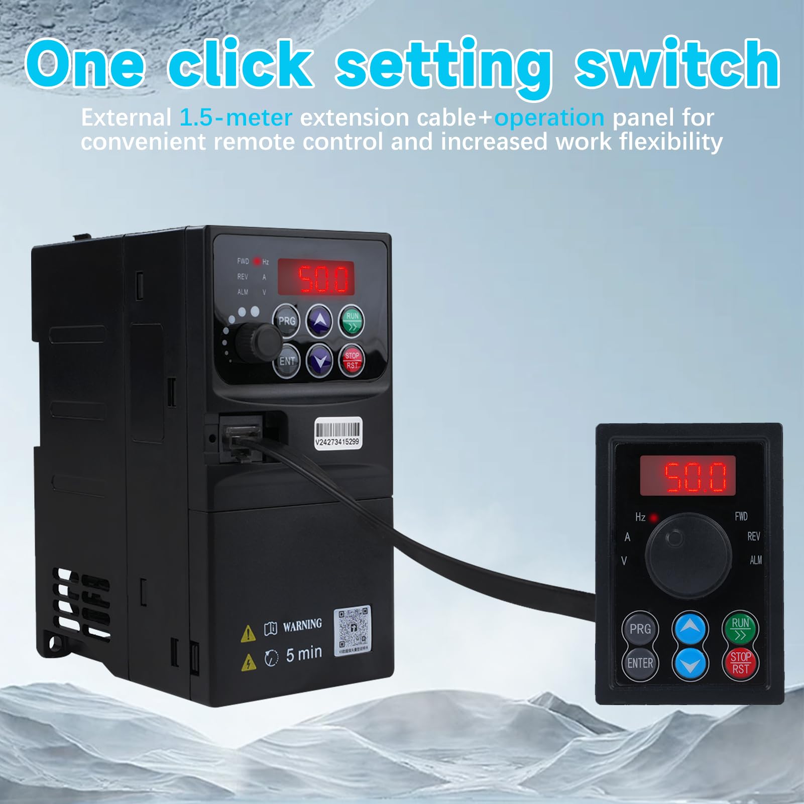2.2KW Inverter per motori trifase 220v Ingresso monofase 220V Uscita trifase 230V Variatore di frequenza VFD quadro elettrico rimovibile modello V3-222EE (con cavo di prolunga da 1,5m)