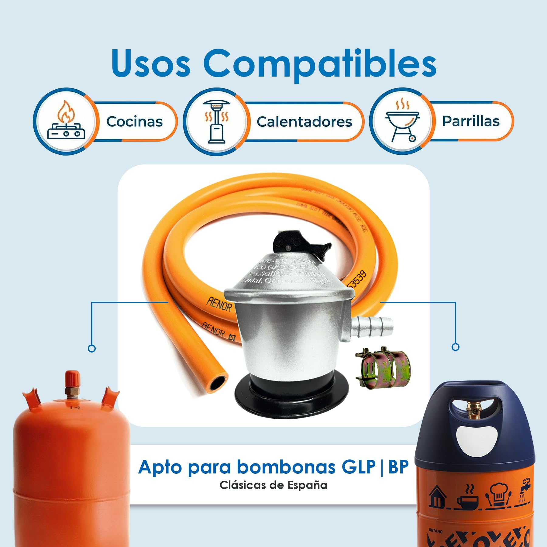 Kit Regulador Gas Butano 30 mbar Homologado + Manguera 1,5 m / 3 m / 5 m y Abrazaderas – Regulador para Bombonas de Gas en Cocinas, Camping, Hornillos, Barbacoas y Paelleros (DOBLE XXL - 3,0 m) — view 4