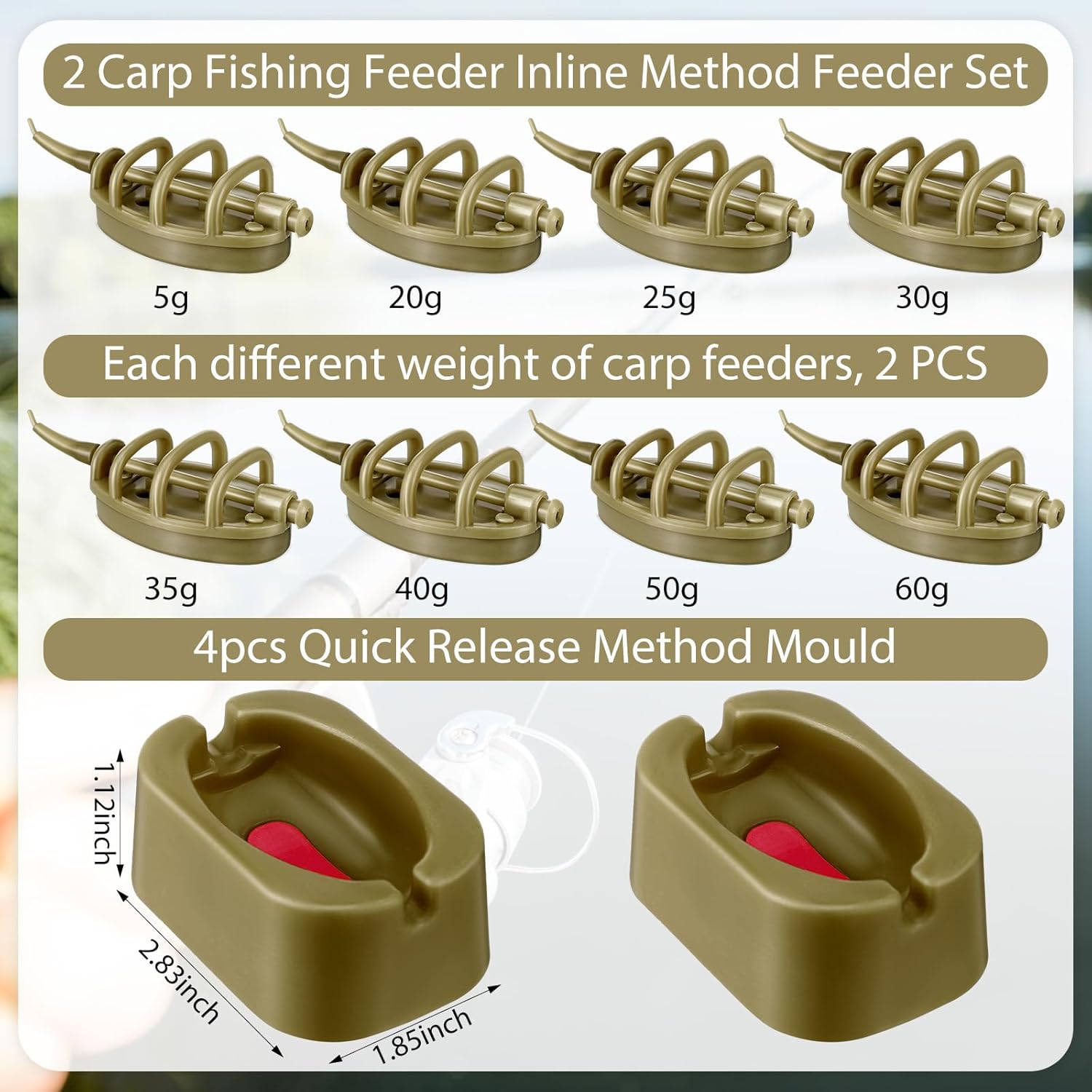 Blueweenly 20 Pcs Inline Method Feeder Set with Release Moulds Carp Fishing Feeder Carp Fishing Equipment for Bait Tool Accessories (15g/20g/25g/35g/30g/40g/50g/60g)