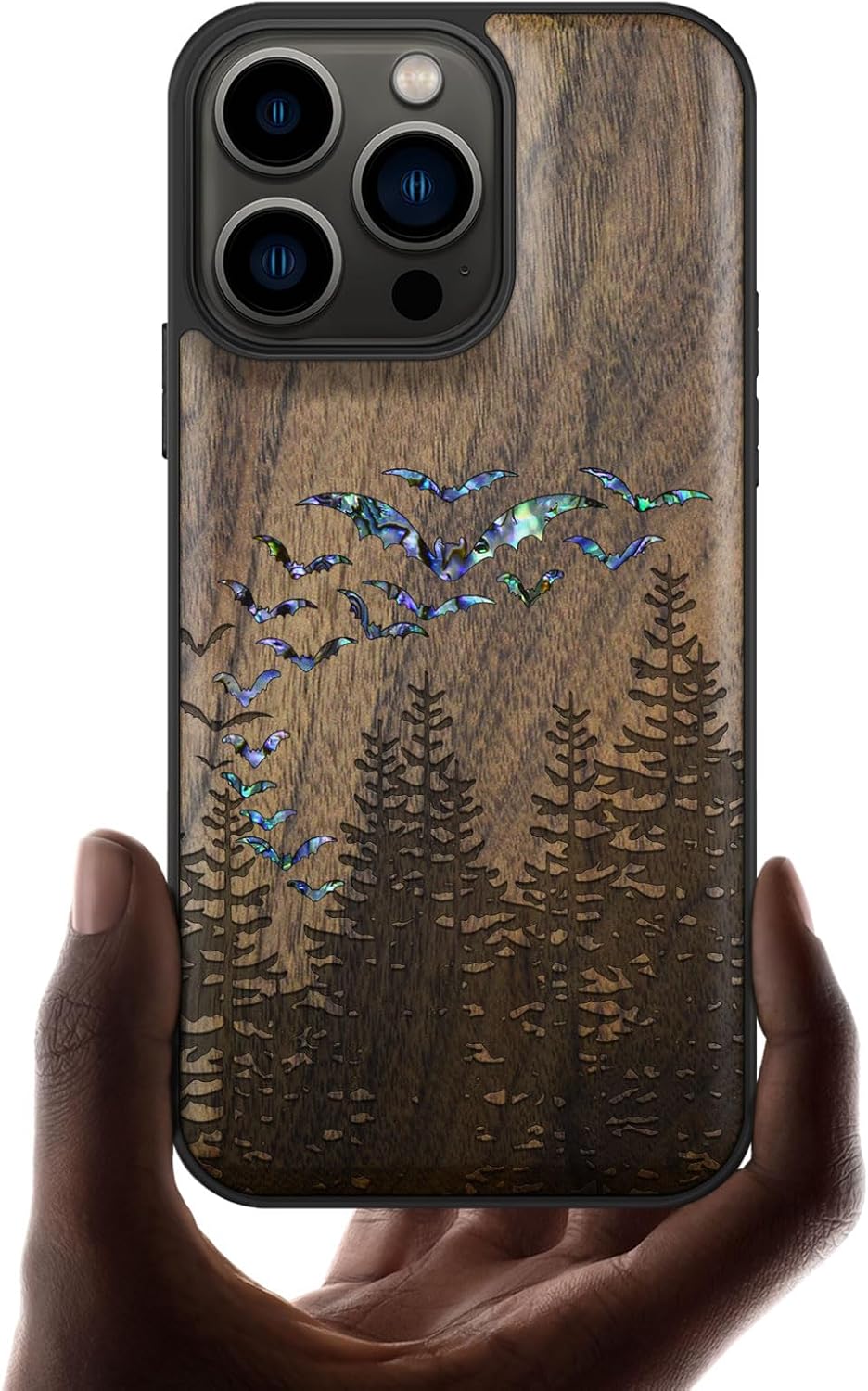 Carveit Designer Wooden Protective Case for iPhone 13 Pro Magnetic Cover [Wood Engraving & Shell Inlay] Wood Phone Case Compatible with 13 Pro MagSafe (Bats Over The Forest-Walnut)