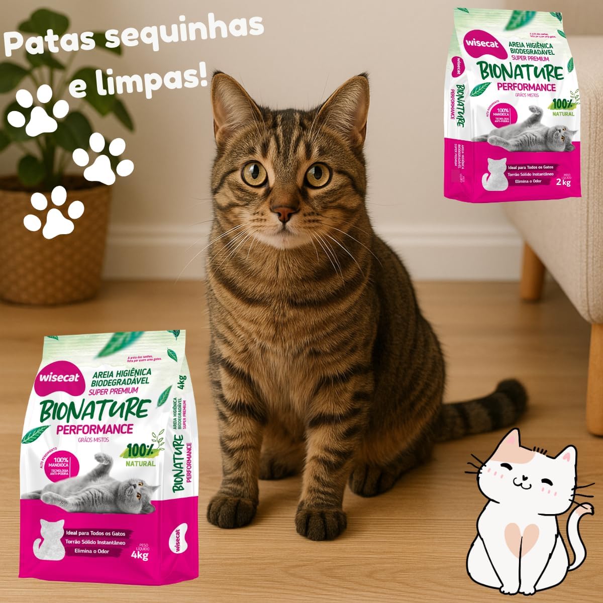 Kit 2 Areia Higiênica Biodegradável Grãos Mistos 4kg Para Gatos Performance Sanitária BioNature Super Premium Mandioca Natural