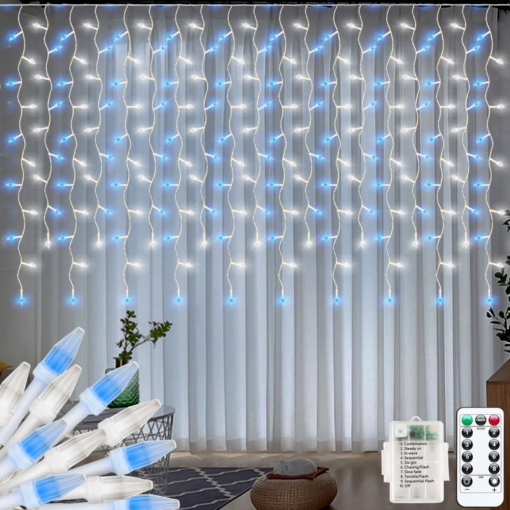 Cortina de luces para exteriores, 3 x 1 m, mini cadena de luces LED, funciona con pilas, luces de jardín interiores, cable blanco, mini árbol de Navidad (azul y blanco)