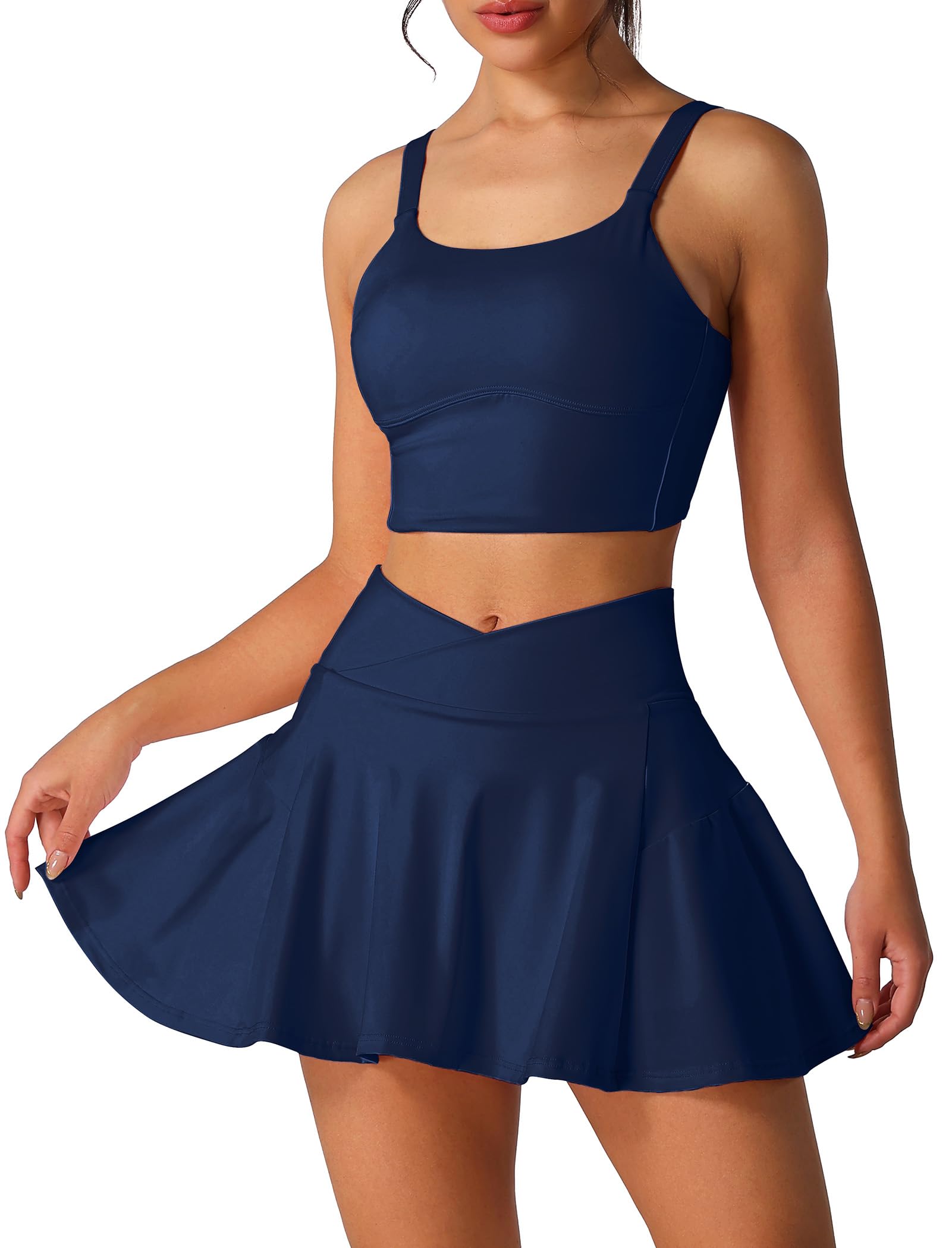 ABEHIK Ensemble de jupes de tennis deux pièces pour femme - Jupe plissée taille haute - Robe de tennis - Soutien-gorge de sport, golf, tenue d'entraînement athlétique
