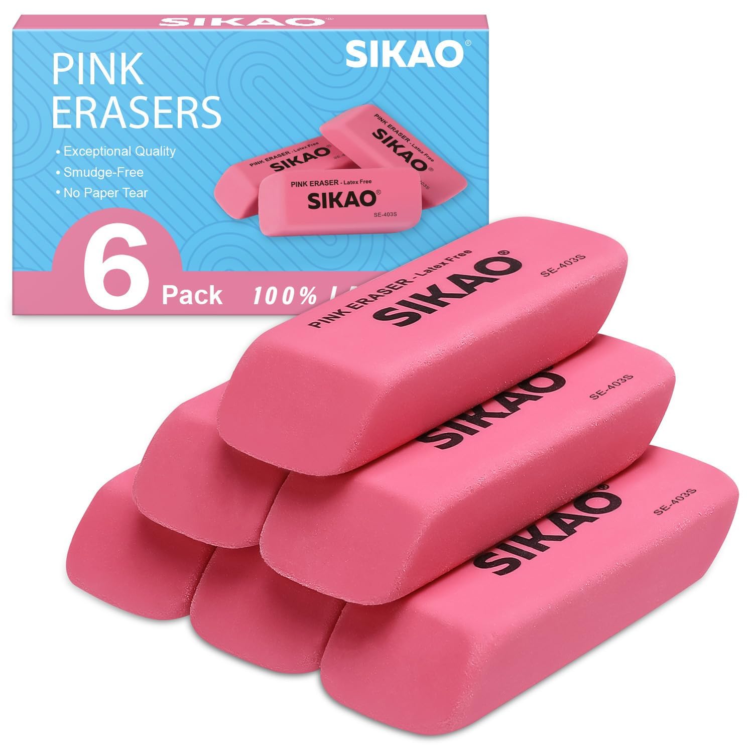 Pink Erasers, 6 Pack Pencil Erasers for Kids – Latex-Free & Smudge-Free Beveled Rubber Erasers for School Supplies, Classroom, Art & Homework