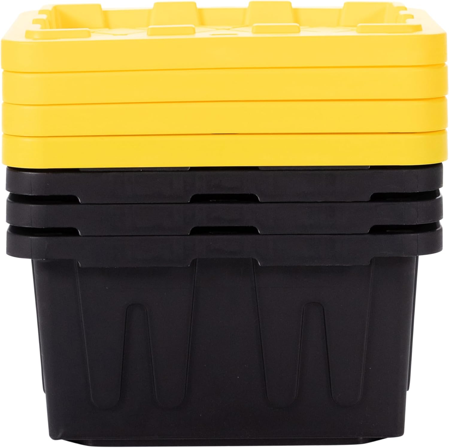 Plastic 5-Gallon Storage Tote with Lockable Lid, Stackable Tough Regular-Duty Bin for Garage, Tools, and Home Organization (4-Pack) - Black and Yellow