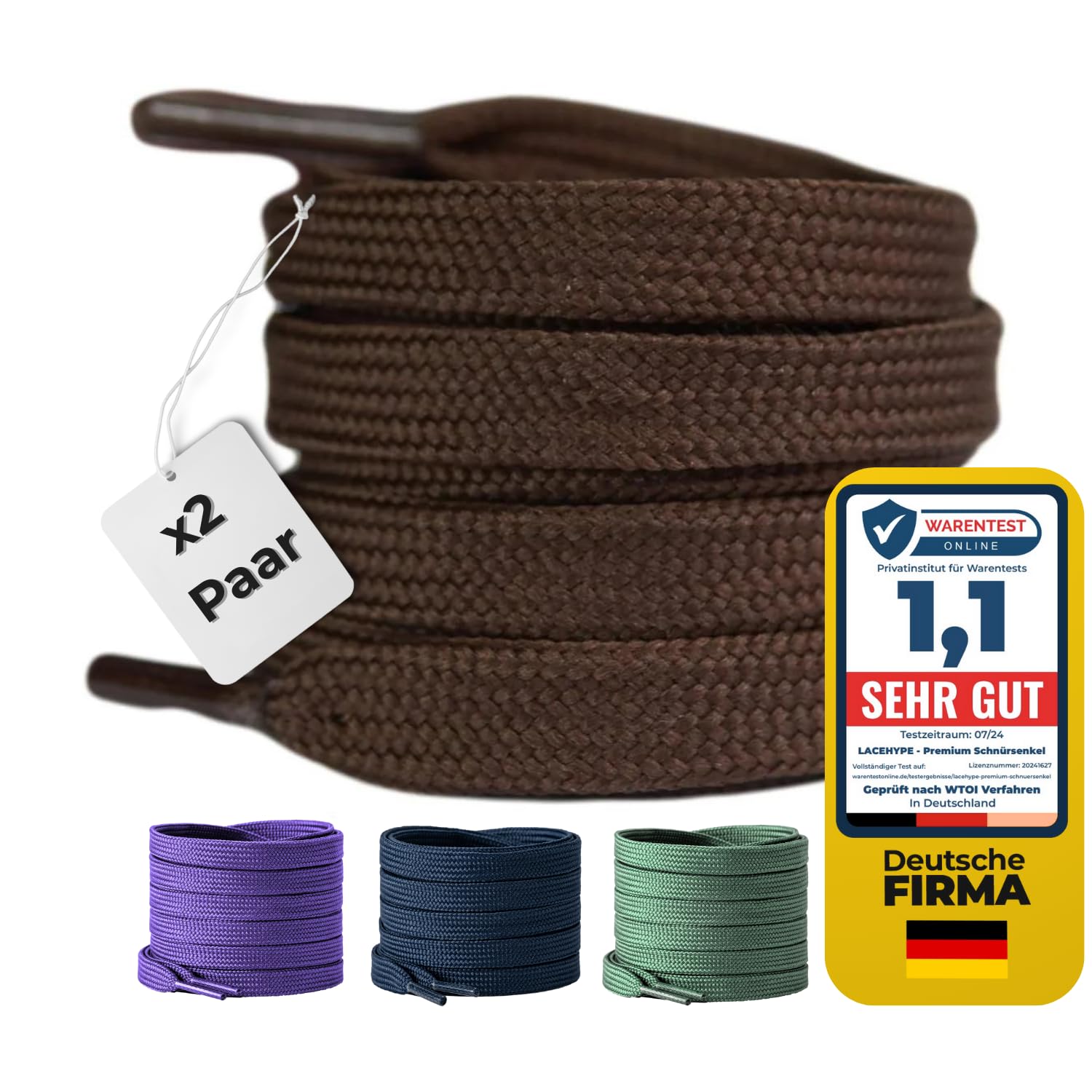 LaceHype 2 Paar Premium Schnürsenkel flach [10 mm breit ] LC1 reißfest Schuhbänder Ersatz Shoelaces aus Polyester für Sneaker, Sportschuhe, Laufschuhe, Turnschuhe (Braun, 90)