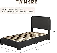 Vista 2 de Boucle - Marco de cama tamaño individual, plataforma tapizada con cabecero, estilo moderno, esquinas redondeadas suaves, no requiere somier, fácil