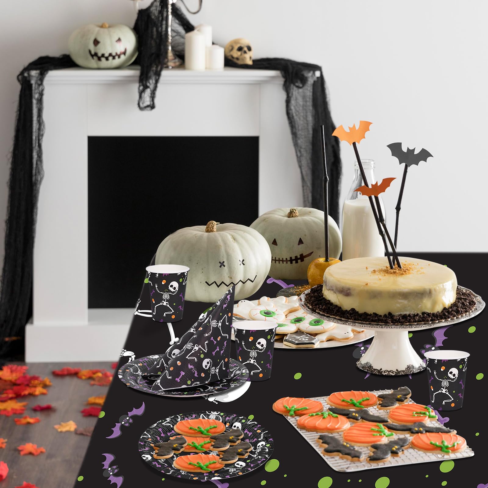 Set Stoviglie Di Carta Halloween - 96 Pezzi Per 24 Persone, Piatti, Bicchieri, Tovaglioli E Tovaglia