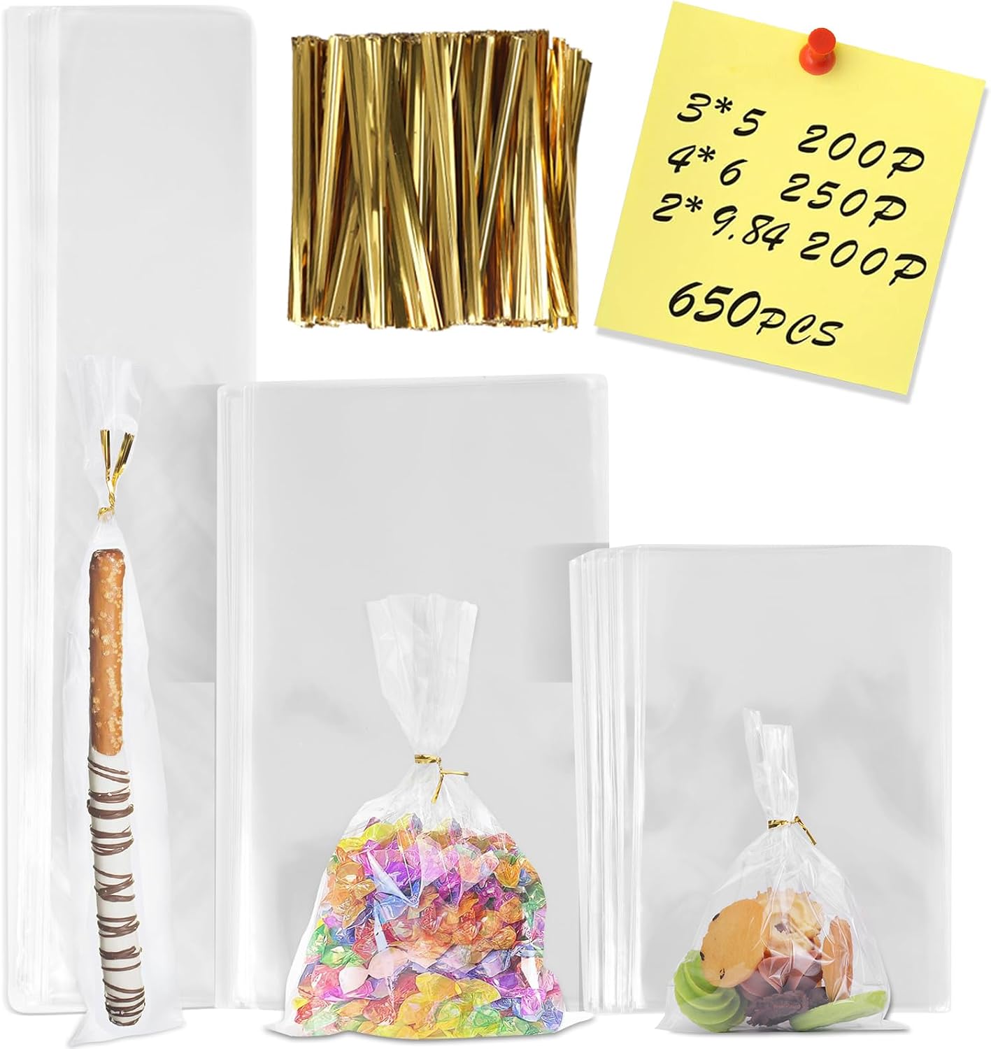 950 PCS Clear Resealable Cellophane Bags 4 Sizes with 3.5×5，3.9×5.9, 5×6.6, 5.9×9 Inches Good for Bakery, Snacks, Candle, Soap, Cookie, Jewelry, Cards