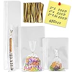 650 PCS Clear Flat Cellophane Treat Bags, 3x5,4x6,9.84x2 Cellophane Bags with Ties, Clear Gift Bags for Party Favors, Pretzel Rods, Bakery, Cookies, Candies, Dessert