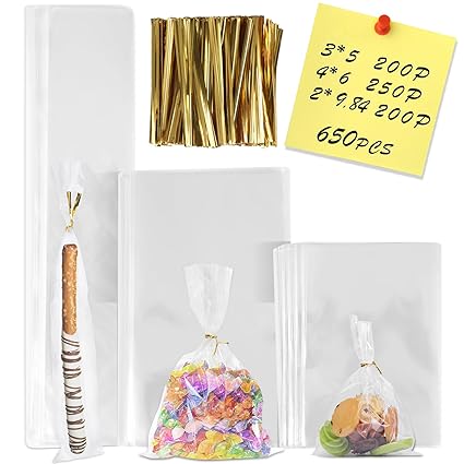 NEOACT 650 PCS Clear Flat Cellophane Treat Bags with 3x5,4x6,9.84 * 2