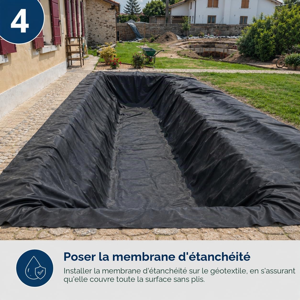 Film imperméabilisant en EPDM 2 x 2 m noir de 0,8 mm et 200 g/m² de géotextile | Haute élasticité | Résistance aux UV et aux températures extrêmes | Idéal pour étangs, réservoirs et