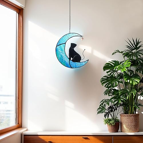 Miniatura 7 de HDCRYSTALGIFTS Gato negro para colgar en la ventana, diseño de gato sentado en luna azul, para decoración de pared de ventana, regalos para