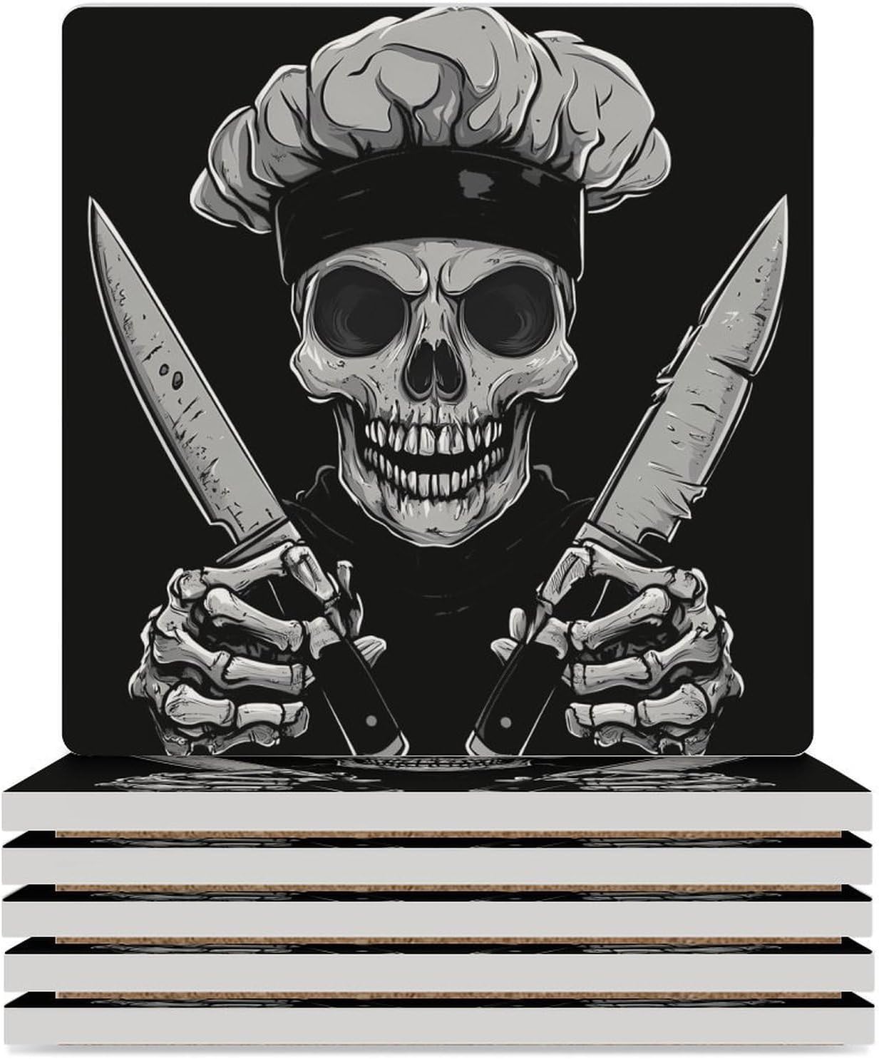 Chef Skull Cooking-Kn-ifes Ceramic Coasters Square Drinks Coaster Coffee Table Decor Table Coaster for Home Bar