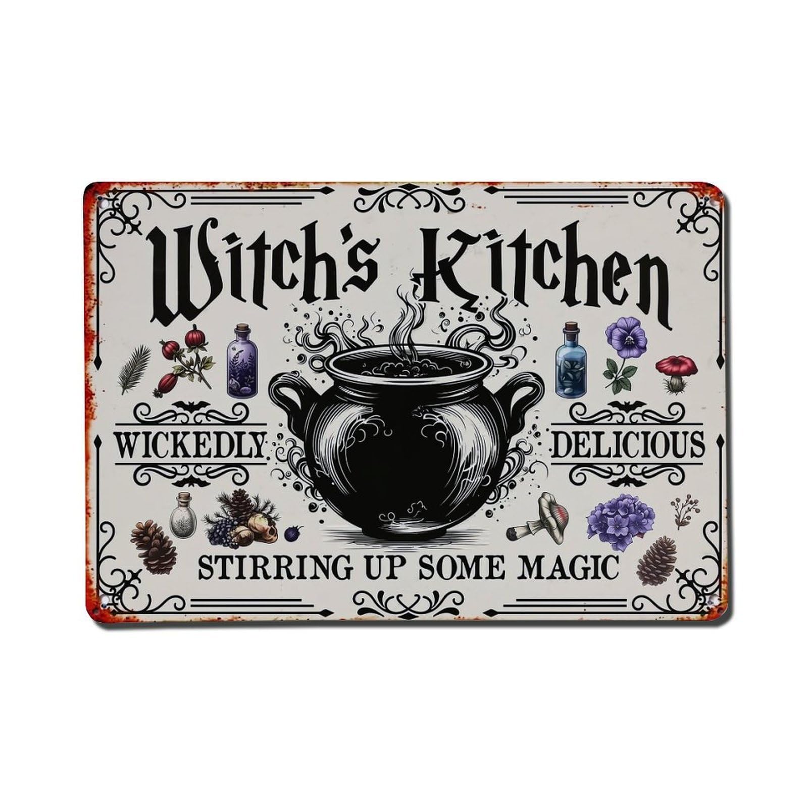 Witch's Kitchen Sign Pattern Print Vintage Tin Sign Retro Metal Wall Decor Metal Poster, Home Bar Garage Farmhouse Cafe Wall Art Decoration 8x12Inches