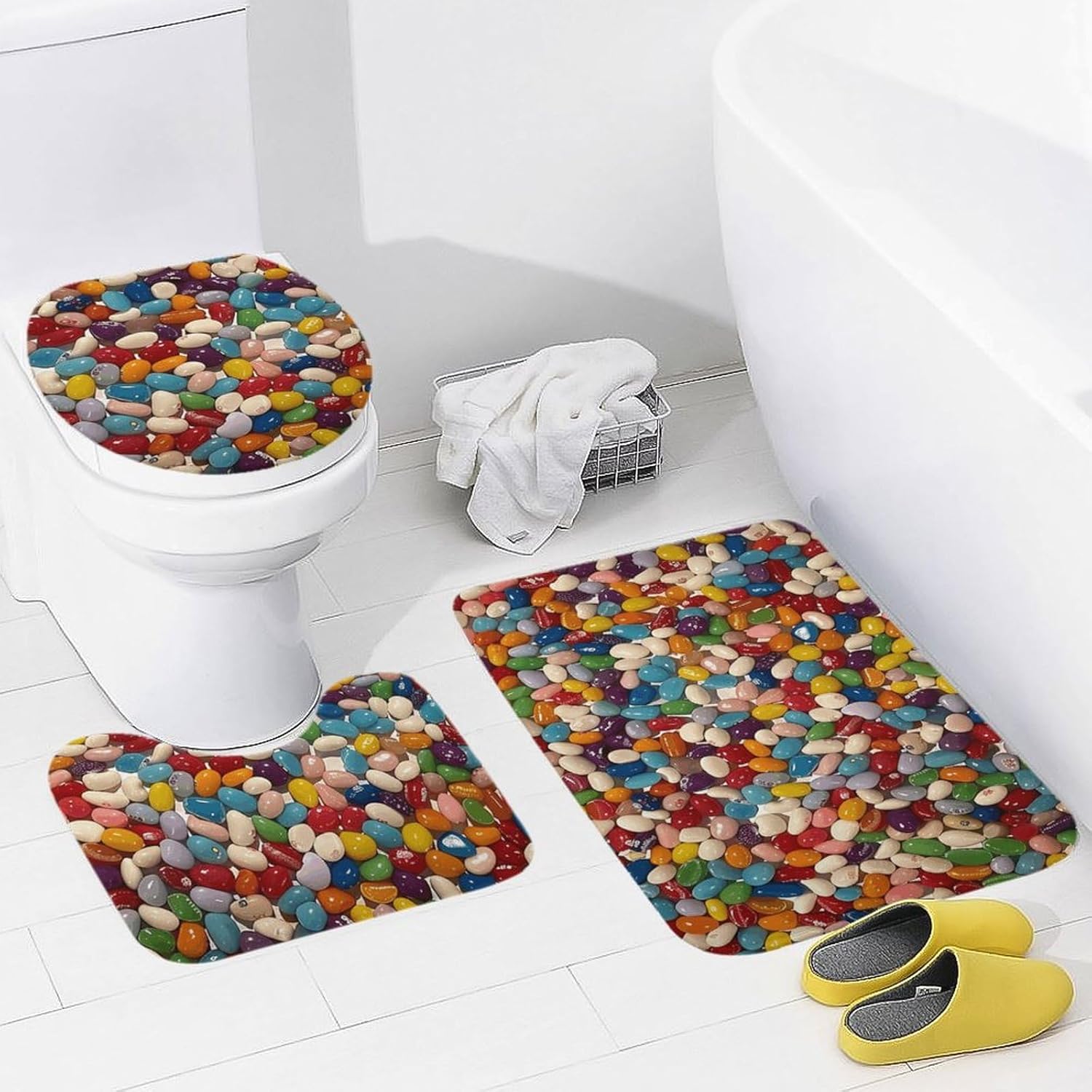 Anti-Skid Floor Mats 3 Piece Set,Assorted Jelly Beans Printed Coral Fleece Bathroom Mats U-Shaped Contour Mat Toilet Seat Cover for Bathroom, Tub, Shower, Kitchen 19.7"x31.5"