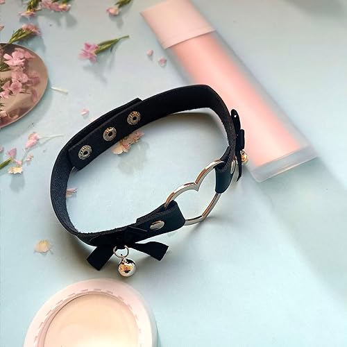 Miniatura 4 de Gargantilla de cuero con forma de corazón gótico, alas de murciélago, collar de gato, cadena de lazo punk, cascabel, cascabel, collar de cinta,