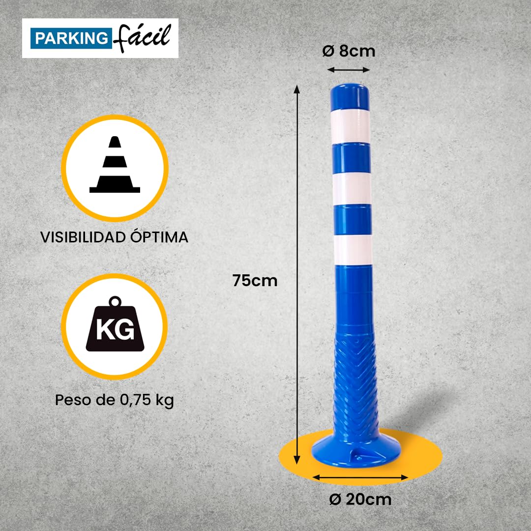 PARKING FACIL Bolardo de Señalización con Bandas Reflectantes | Hito de 75 cm | Pilona Resistente para Parking | Bolardos para Parking | Postes Separadores, Incluye Tornillería para Fijación | 1 Azul