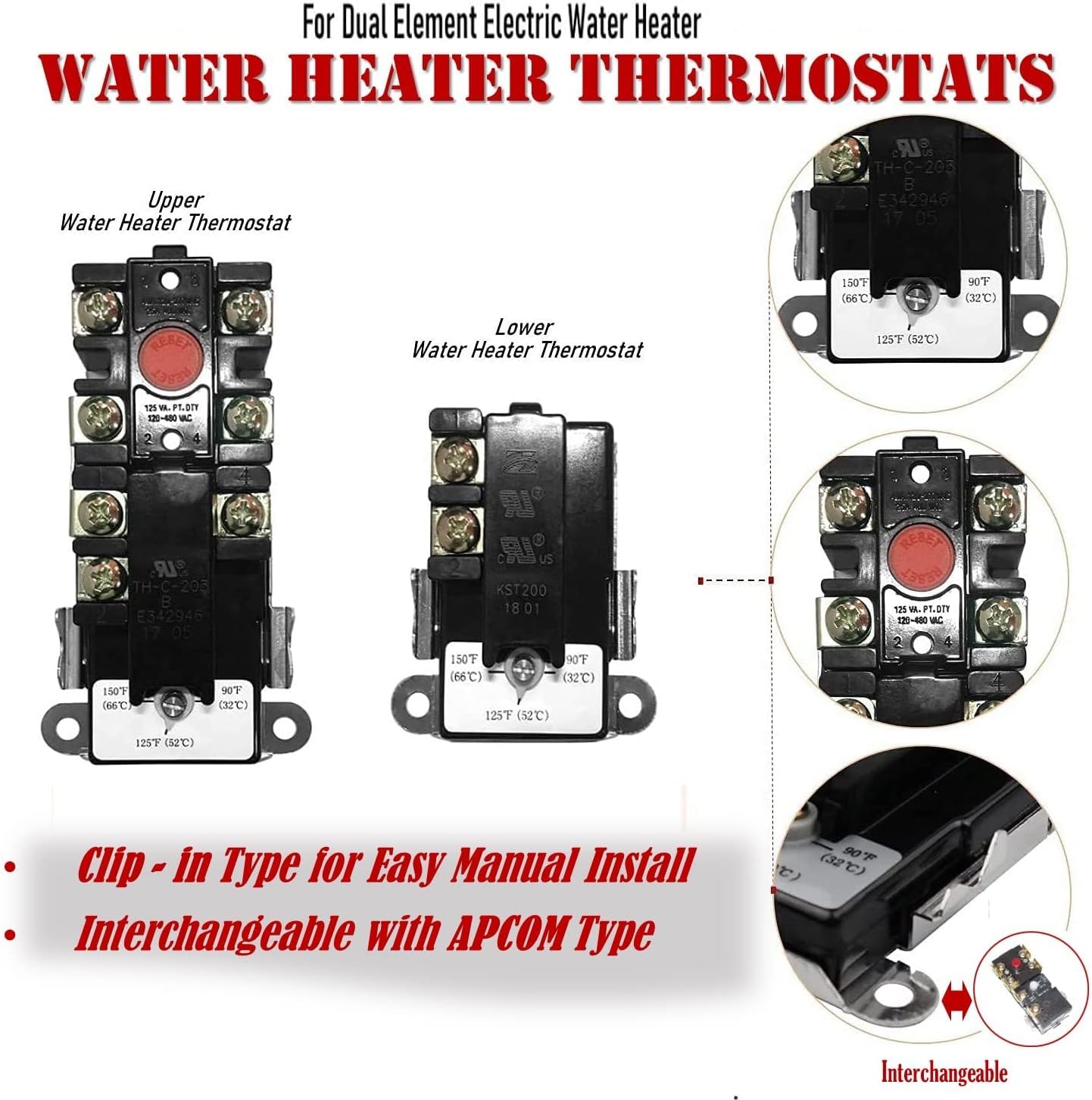 EWH-02 Electric Water Heater Tune-Up Kit, Water Heater Parts - Two 4500W 240V Heater Elements, Universal Upper Water Heater Thermostat, Lower Thermostat and Protective Covers. Fits Most brands - - 