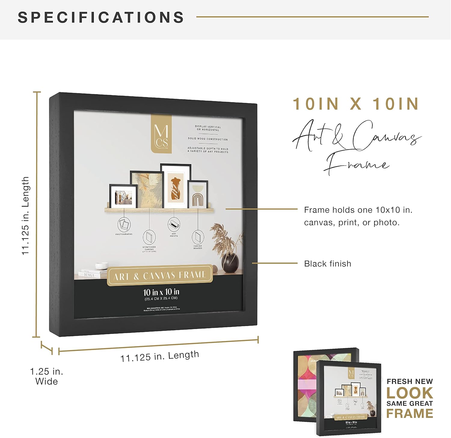 MCS Gallery Wooden Picture Frame for Canvas, Art Boards, Photos and more, Black, 10x10 Inch