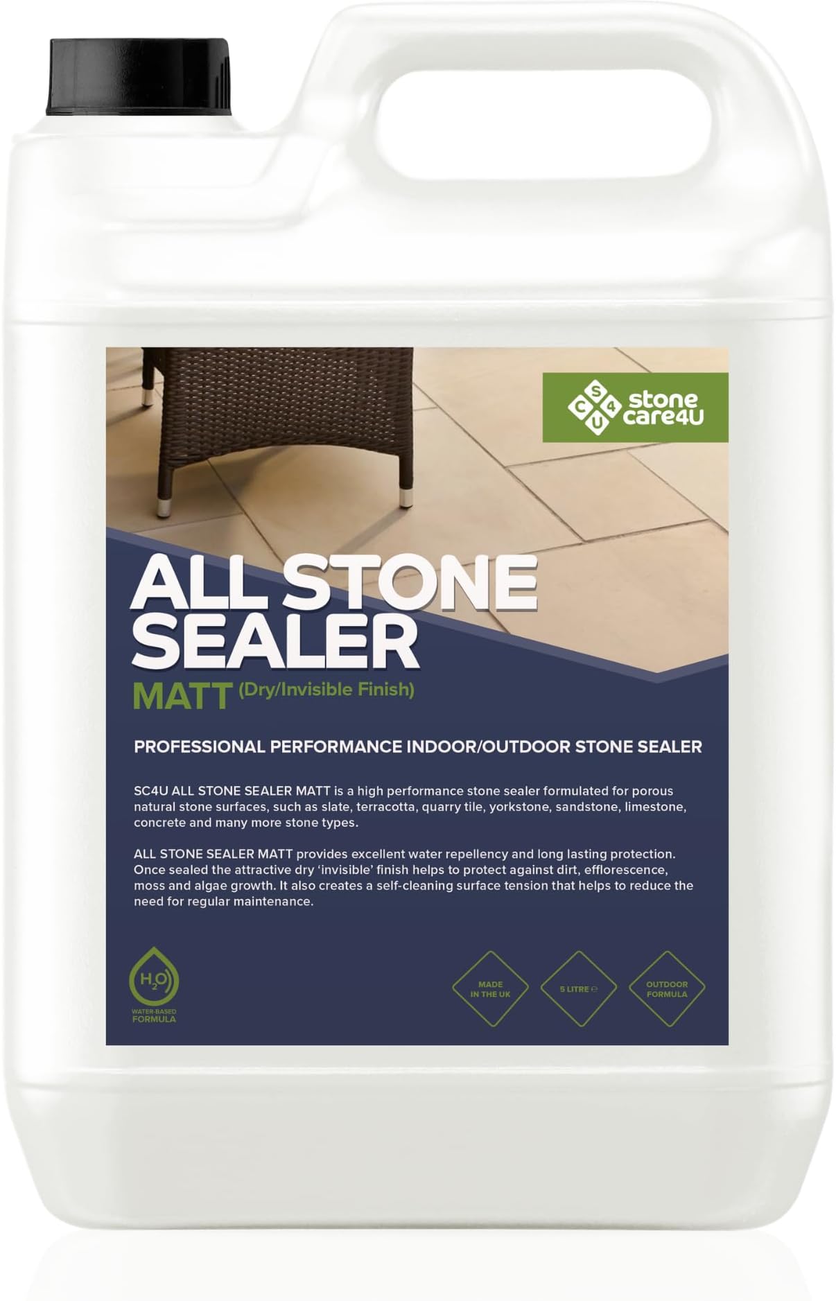 StoneCare4U - All Stone Sealer Matt Finish - 5L - Dry Finish, Invisible, Exterior Natural Stone Sealant for Sandstone, Limestone, Slate & More. Outdoor Clear Sealant for Patio, Drive & Paths