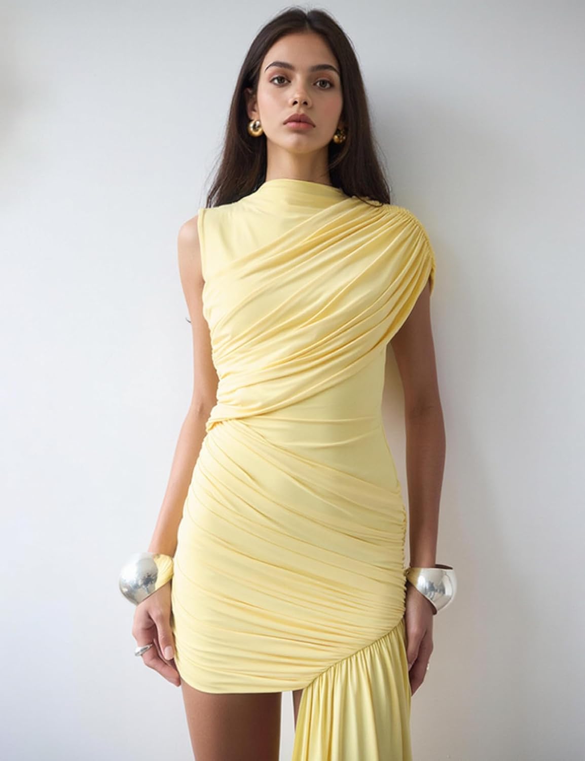 Womens Mock Neck Sleeveless Irregular Draped Bodycon Dresses Ruched Ribbon Slim Fit Club Party Cocktail Dresses