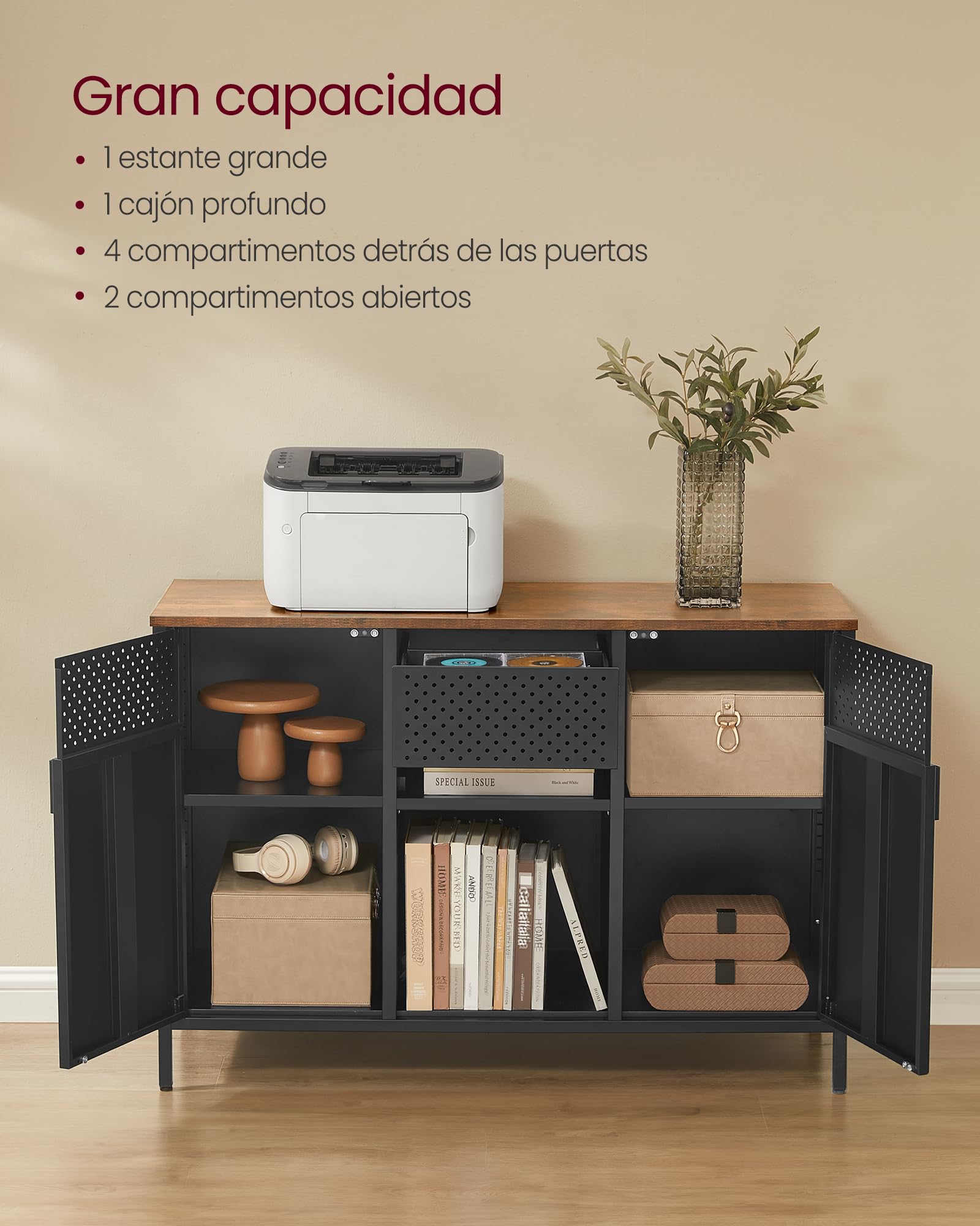 SONGMICS Armario de Almacenamiento, Armario de Metal, Aparador con Puertas Dobles, Cierre Magnético, Estantes Ajustables, Marco de Acero, Marrón Rústico y Negro Mate LSC204B01