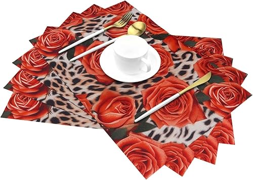 Miniatura 6 de 6 PCS PVC Placemats Set Place Mats Animal Print red Rose Non-Slip Weave Place Mats 12" x 18" Farmhouse Table Mat Set for Family Dinners Wedding