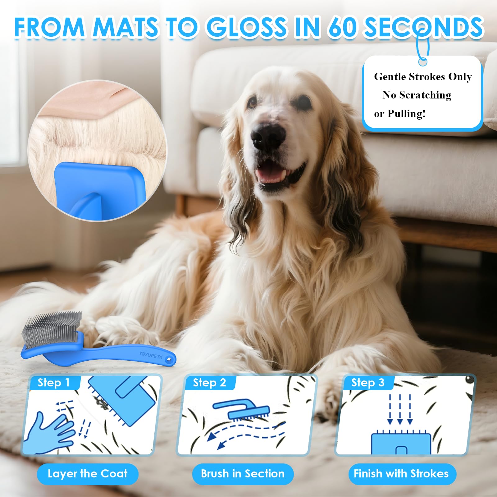 Grande brosse lissante pour chiens – Kit de toilettage 3 pièces – Râteau à sous-poil et peigne en acier inoxydable | Longues broches pour enlever les tapis sur les caniches, dorés