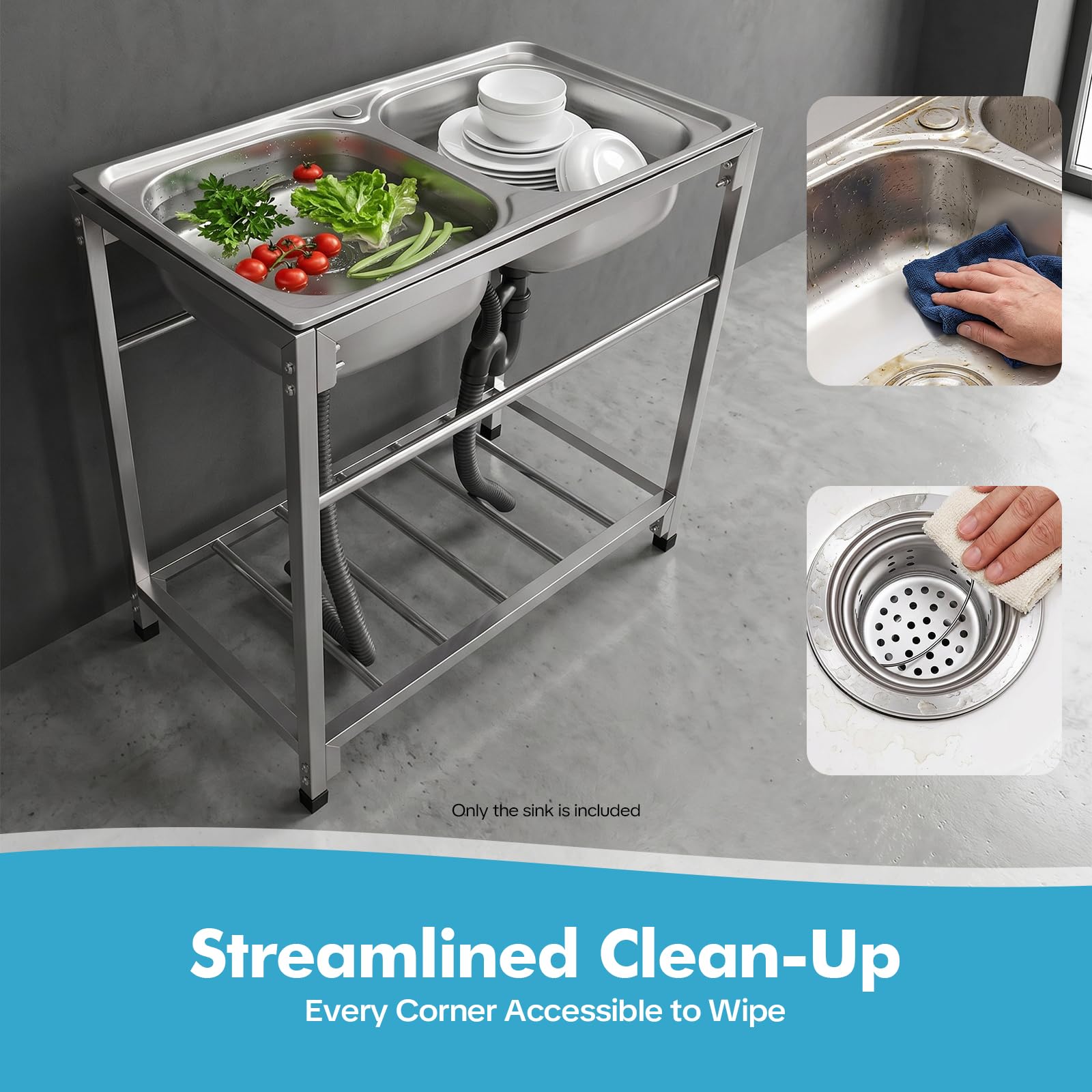 Lavello autoportante per esterni, in acciaio inox, 2 vasche, portata 75 kg, doppia vasca, lavello da cucina commerciale con beccuccio, lavello per ristorazione, per negozi e garage, 83,1 x 43,9 x 77