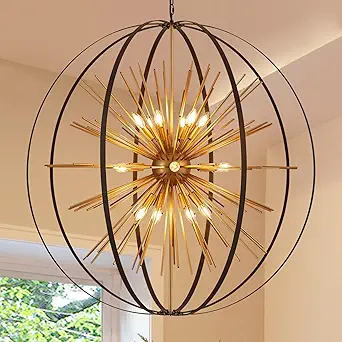 43.3-inch Black and Gold Sputnik Chandelier, 18-Light Mid Century Modern Starburst Fixture for High Ceilings