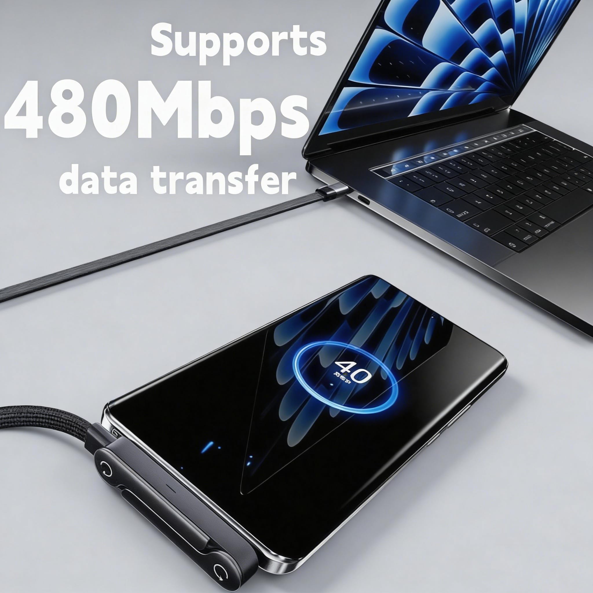 HOSYH 240W Invisible Stand Fast Charging Cable, 240W USB C to USB C Flat Cable 90 Degree Angled, Sideways Phone Type C Charger Cord (4.9FT) Compatible with iPhone 17 Series — view 2