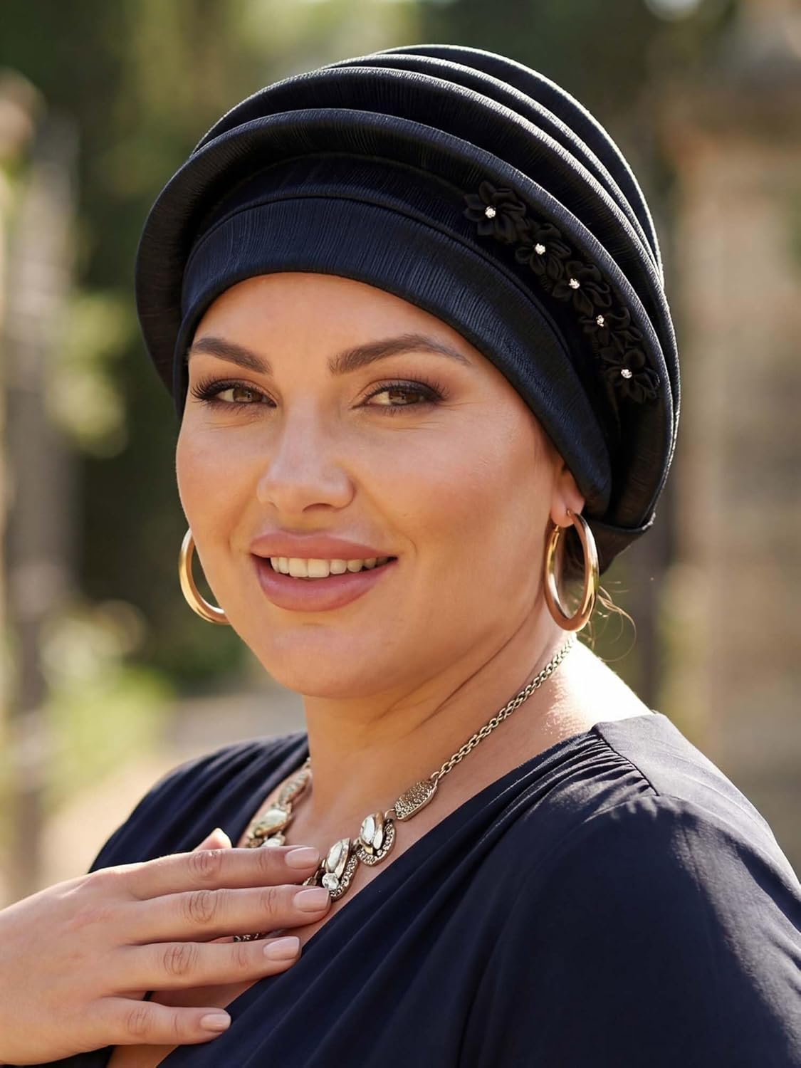 Woeoe Women Auto Gele Headwraps Gold Flower African Turban Pre Tied Beanie Caps Headwear - Image 5