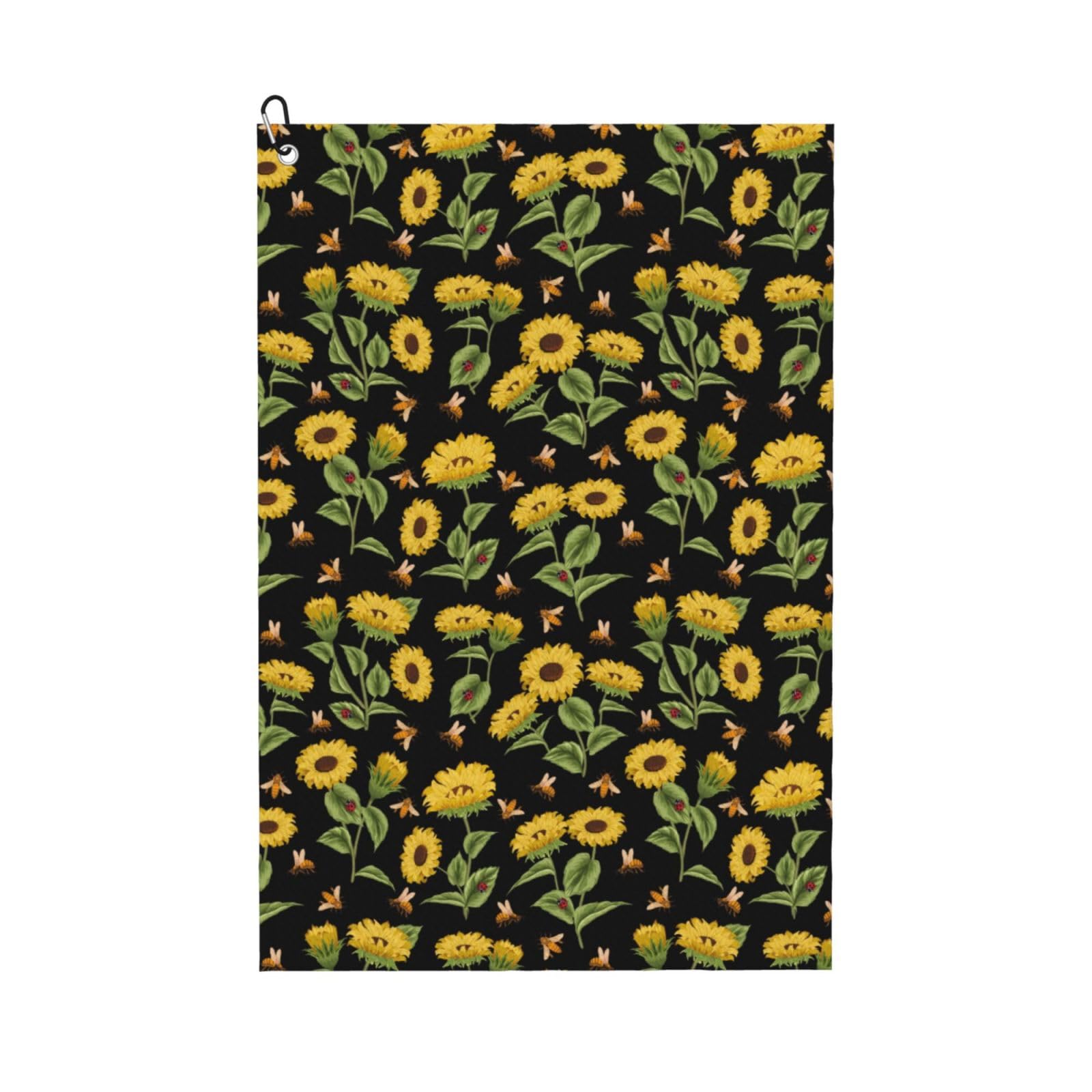 AOOEDM Bees and Sunflowers Print Golf Towel with Carabiner Clip Absorbent Microfiber Golf Towel for Cleaning Golf Ball Club Putter Iron for Golf Bag Trolly Belt Loop 16" X 24"