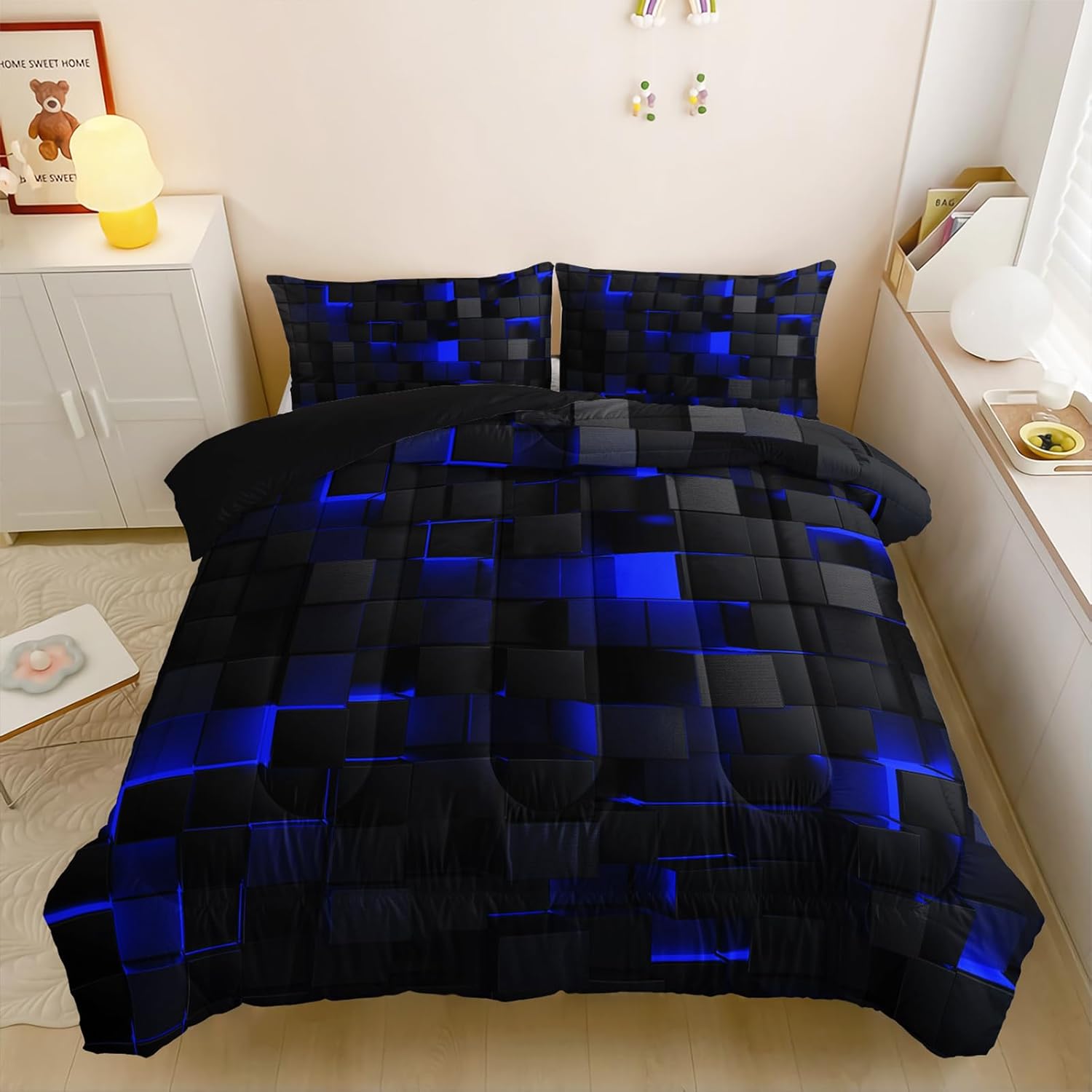 Neon Blue Black Comforter Set Queen Geometric Kids Bedding Set,3 PCS Geometry Honeycomb Bed Set Modern Quilt Set 1 Comforter 2 Pillow Cases Cool Room Decor All Season B-Side Black - Image 3